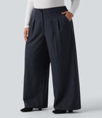 High Waisted Wide Leg Striped Work Plus Size Trousers with Pockets — After Midnight — view 3