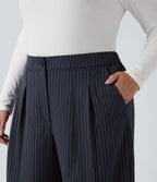 High Waisted Wide Leg Striped Work Plus Size Trousers with Pockets — After Midnight — view 4