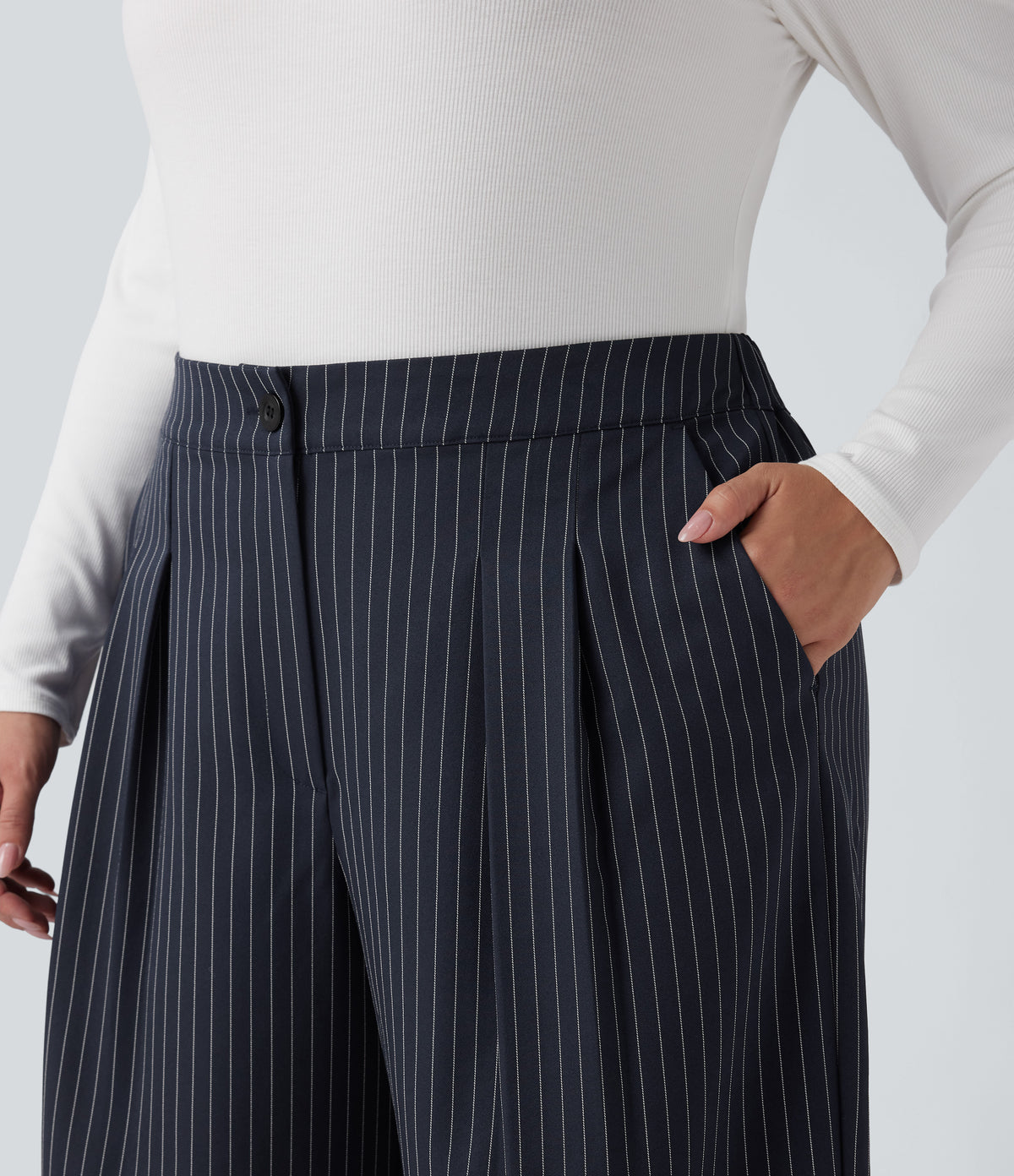 High Waisted Wide Leg Striped Work Plus Size Trousers with Pockets — After Midnight — view 4