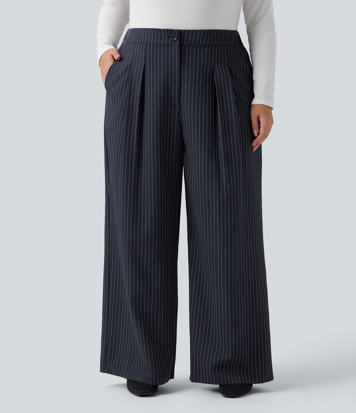 High Waisted Wide Leg Striped Work Plus Size Trousers with Pockets — After Midnight — view 1
