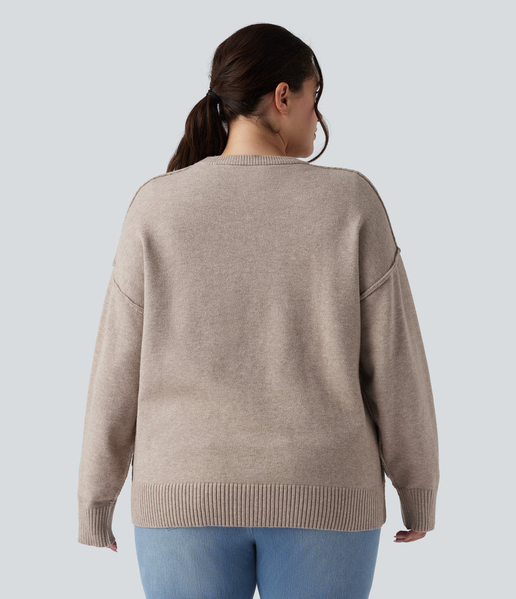 Round Neck Dropped Shoulder Long Sleeve Casual Plus Size Jumper — Doeskin — view 2