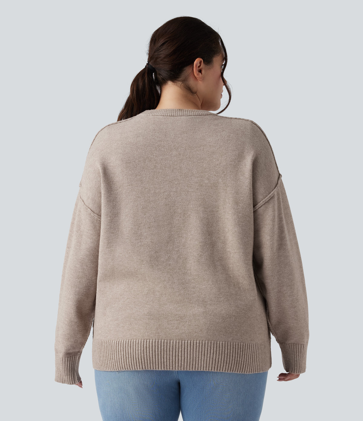 Round Neck Dropped Shoulder Long Sleeve Casual Plus Size Jumper — Doeskin — view 2