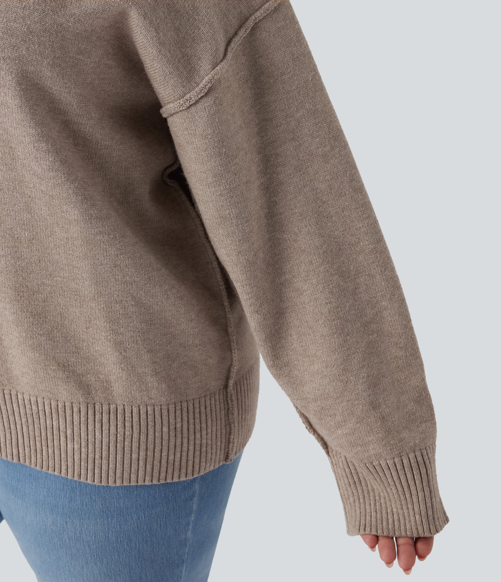 Round Neck Dropped Shoulder Long Sleeve Casual Plus Size Jumper — Doeskin — view 5