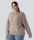 Round Neck Dropped Shoulder Long Sleeve Casual Plus Size Jumper — Doeskin — view 1