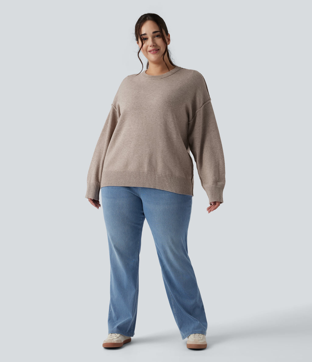 Round Neck Dropped Shoulder Long Sleeve Casual Plus Size Jumper — Doeskin — view 6