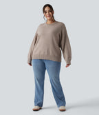 Round Neck Dropped Shoulder Long Sleeve Casual Plus Size Jumper — Doeskin — view 6