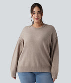 Round Neck Dropped Shoulder Long Sleeve Casual Plus Size Jumper — Doeskin — view 3