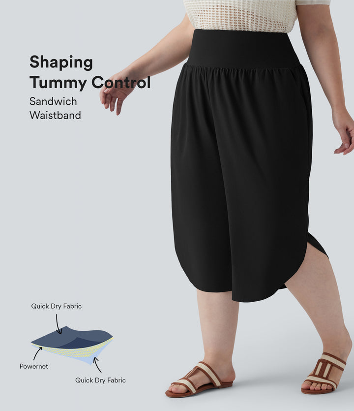 High Waisted Tummy Control Curved Hem Quick Dry Resort Capri Plus Size Trousers with Pockets — Black — view 1
