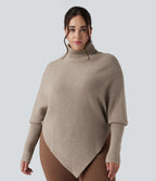 High Neck Long Sleeve Asymmetric Hem Work Plus Size Jumper — Oatmeal — view 1