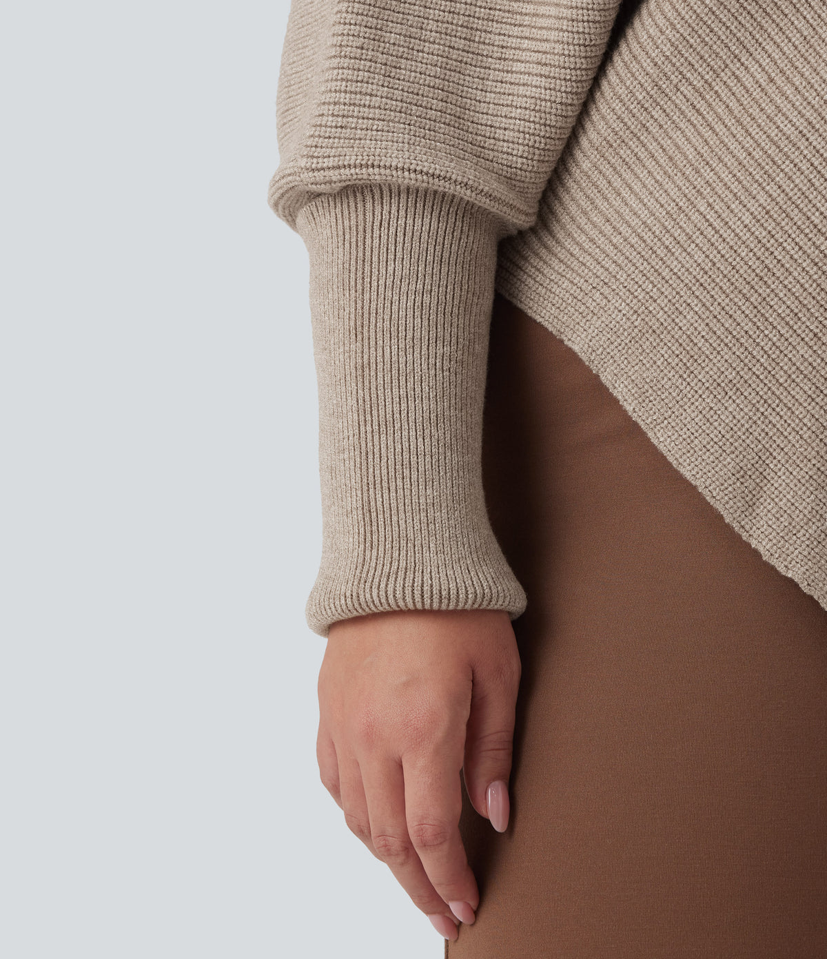 High Neck Long Sleeve Asymmetric Hem Work Plus Size Jumper — Oatmeal — view 7