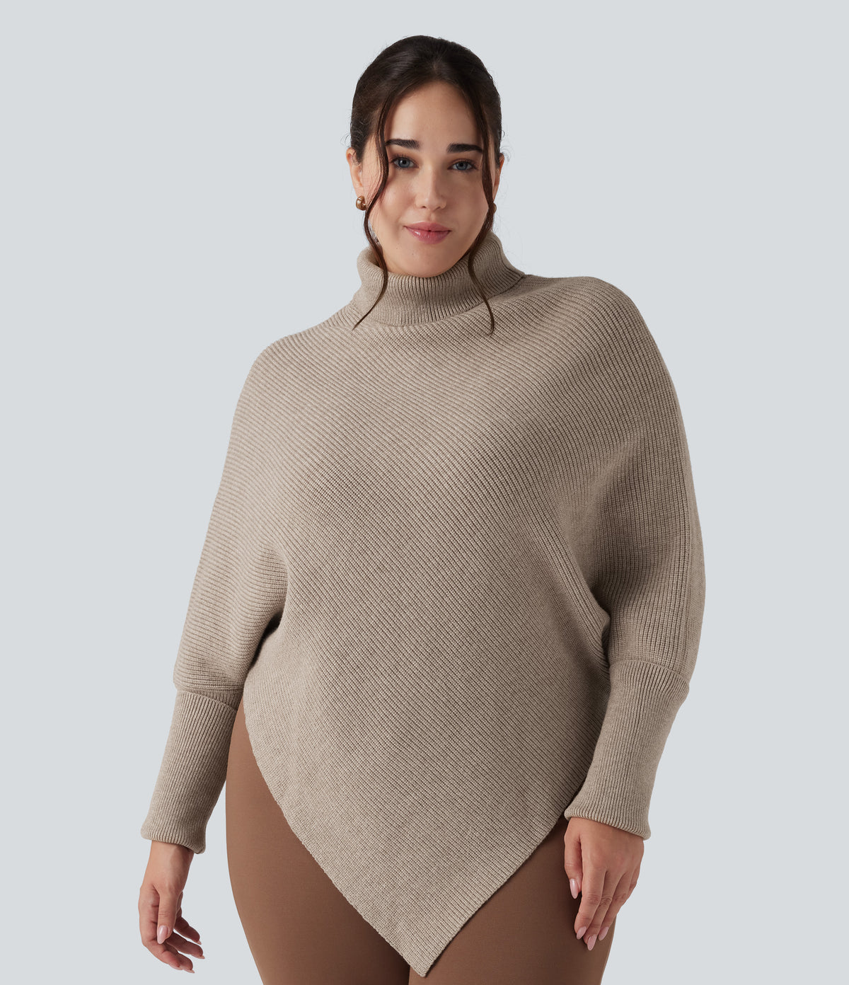 High Neck Long Sleeve Asymmetric Hem Work Plus Size Jumper — Oatmeal — view 4
