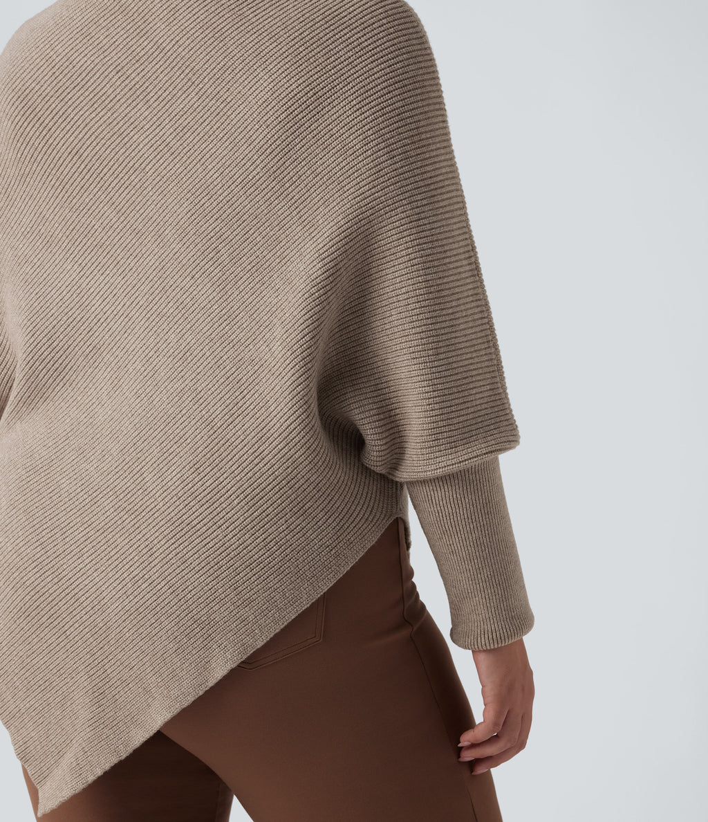 High Neck Long Sleeve Asymmetric Hem Work Plus Size Jumper — Oatmeal — view 8