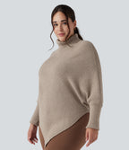 High Neck Long Sleeve Asymmetric Hem Work Plus Size Jumper — Oatmeal — view 3