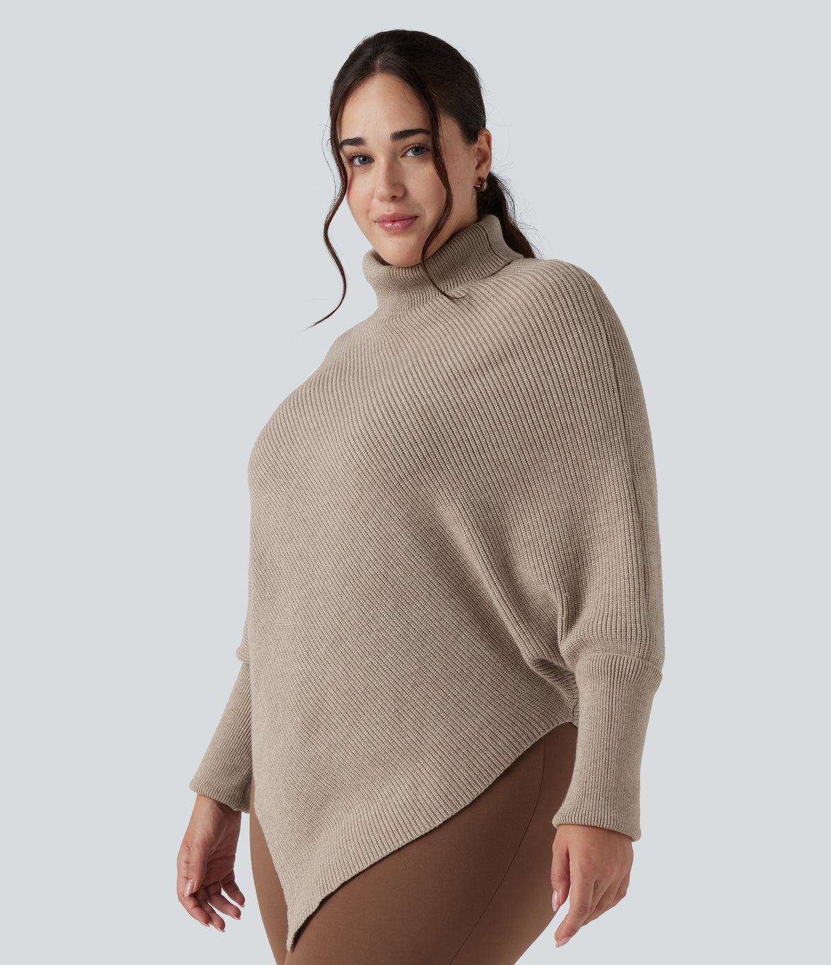 High Neck Long Sleeve Asymmetric Hem Work Plus Size Jumper — Oatmeal — view 3