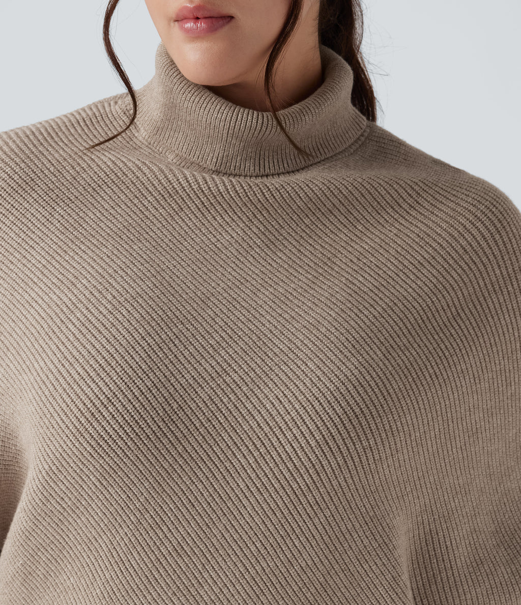 High Neck Long Sleeve Asymmetric Hem Work Plus Size Jumper — Oatmeal — view 5