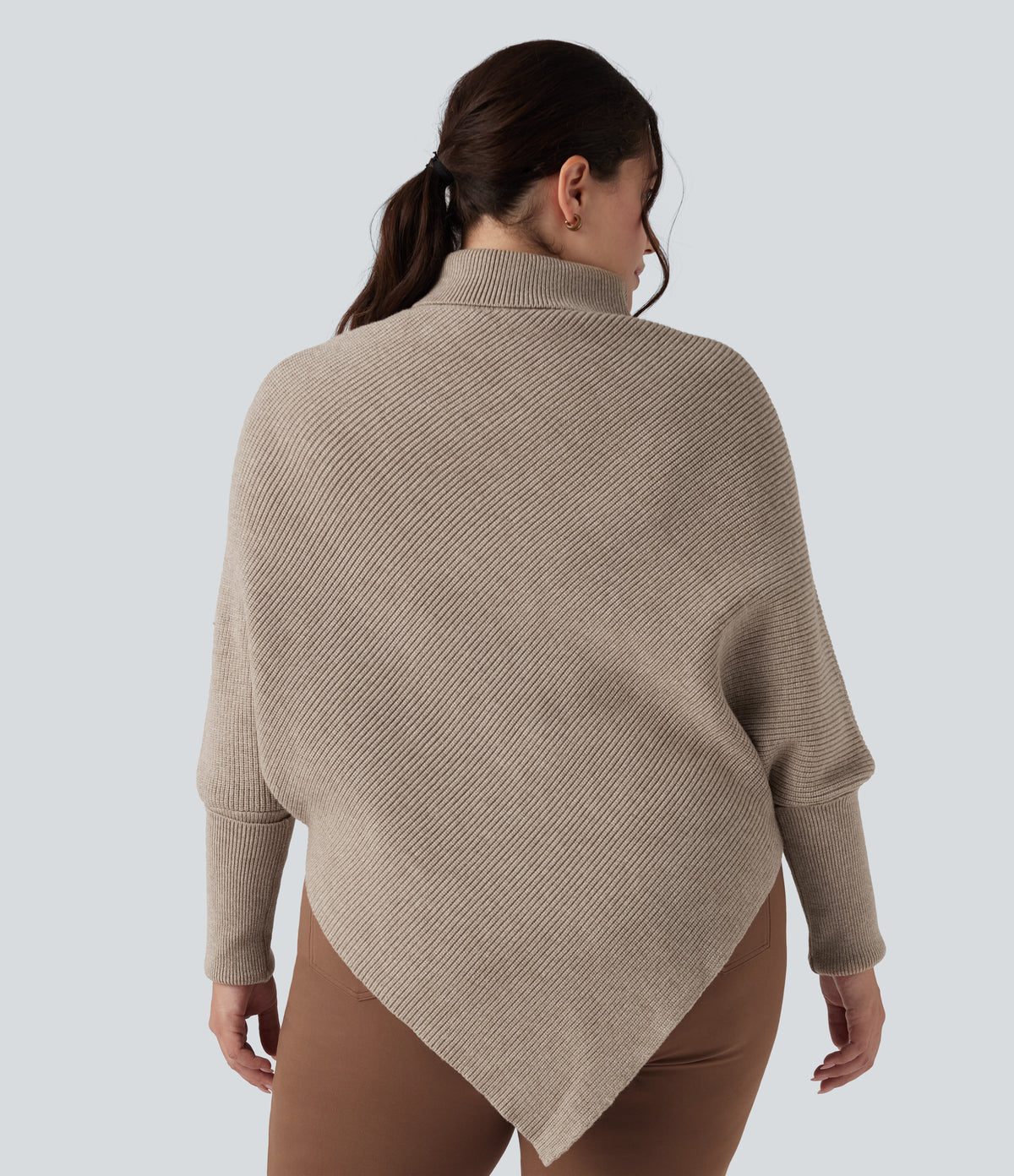 High Neck Long Sleeve Asymmetric Hem Work Plus Size Jumper — Oatmeal — view 2