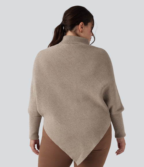 High Neck Long Sleeve Asymmetric Hem Work Plus Size Jumper — Oatmeal — view 2