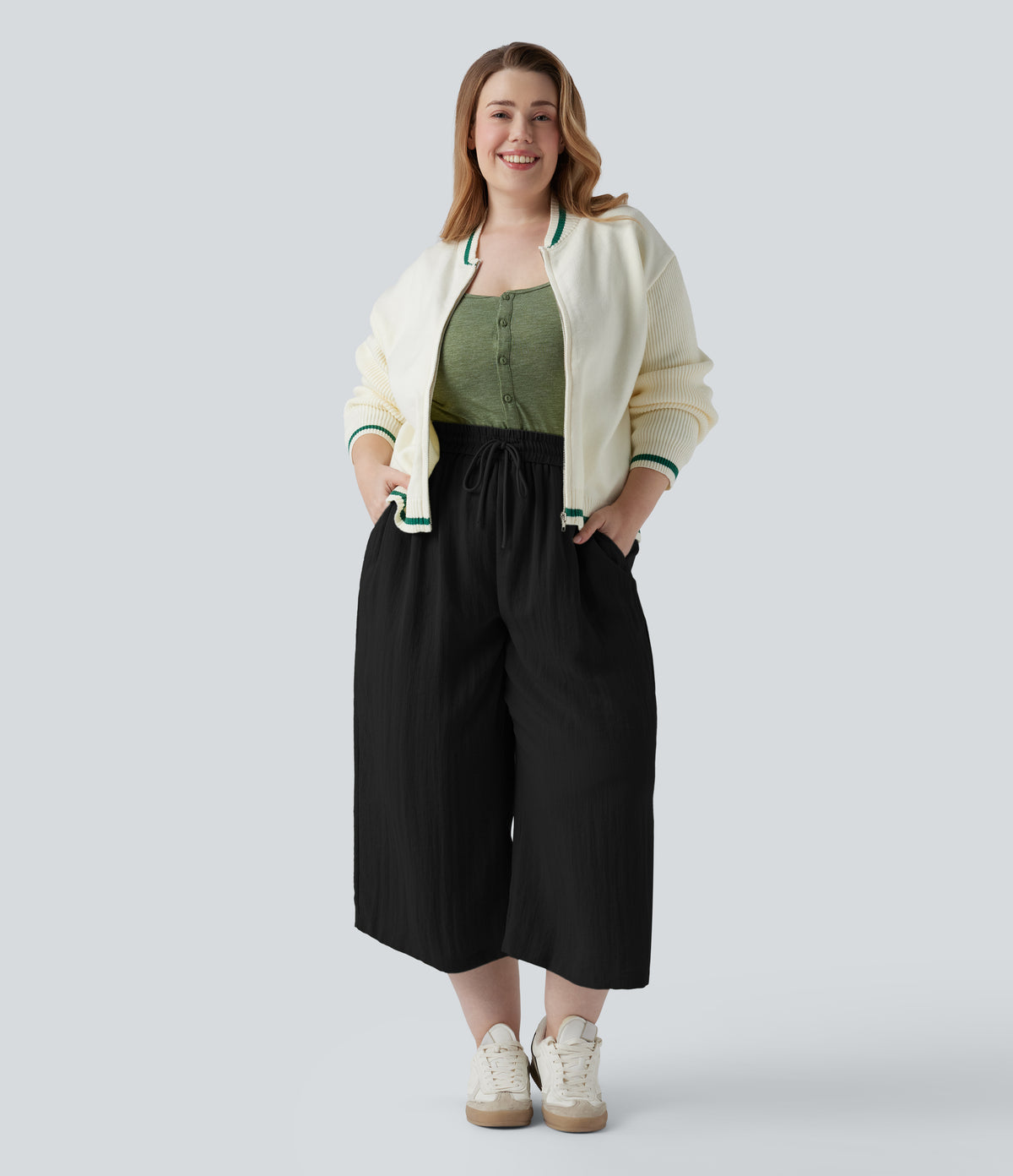 High Waisted Drawstring Wide Leg Cropped Casual Linen-Feel Plus Size Trousers with Pockets — Black — view 6