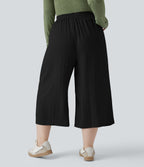 High Waisted Drawstring Wide Leg Cropped Casual Linen-Feel Plus Size Trousers with Pockets — Black — view 2