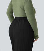 High Waisted Drawstring Wide Leg Cropped Casual Linen-Feel Plus Size Trousers with Pockets — Black — view 5