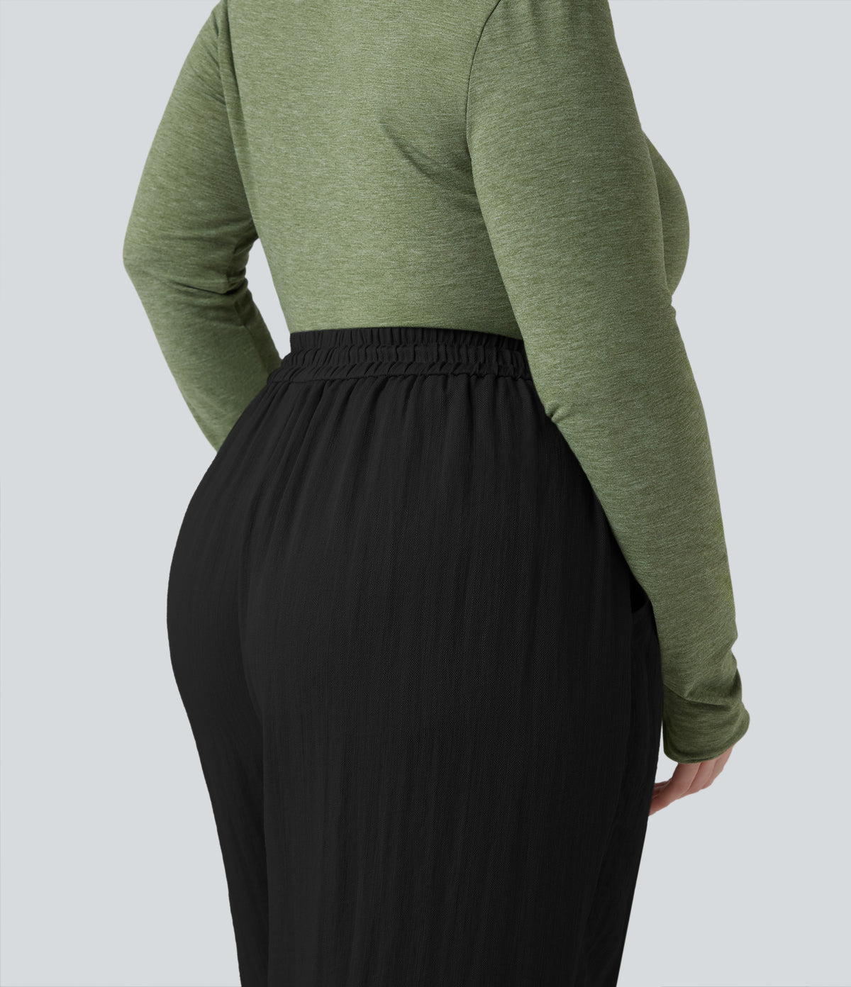 High Waisted Drawstring Wide Leg Cropped Casual Linen-Feel Plus Size Trousers with Pockets — Black — view 5