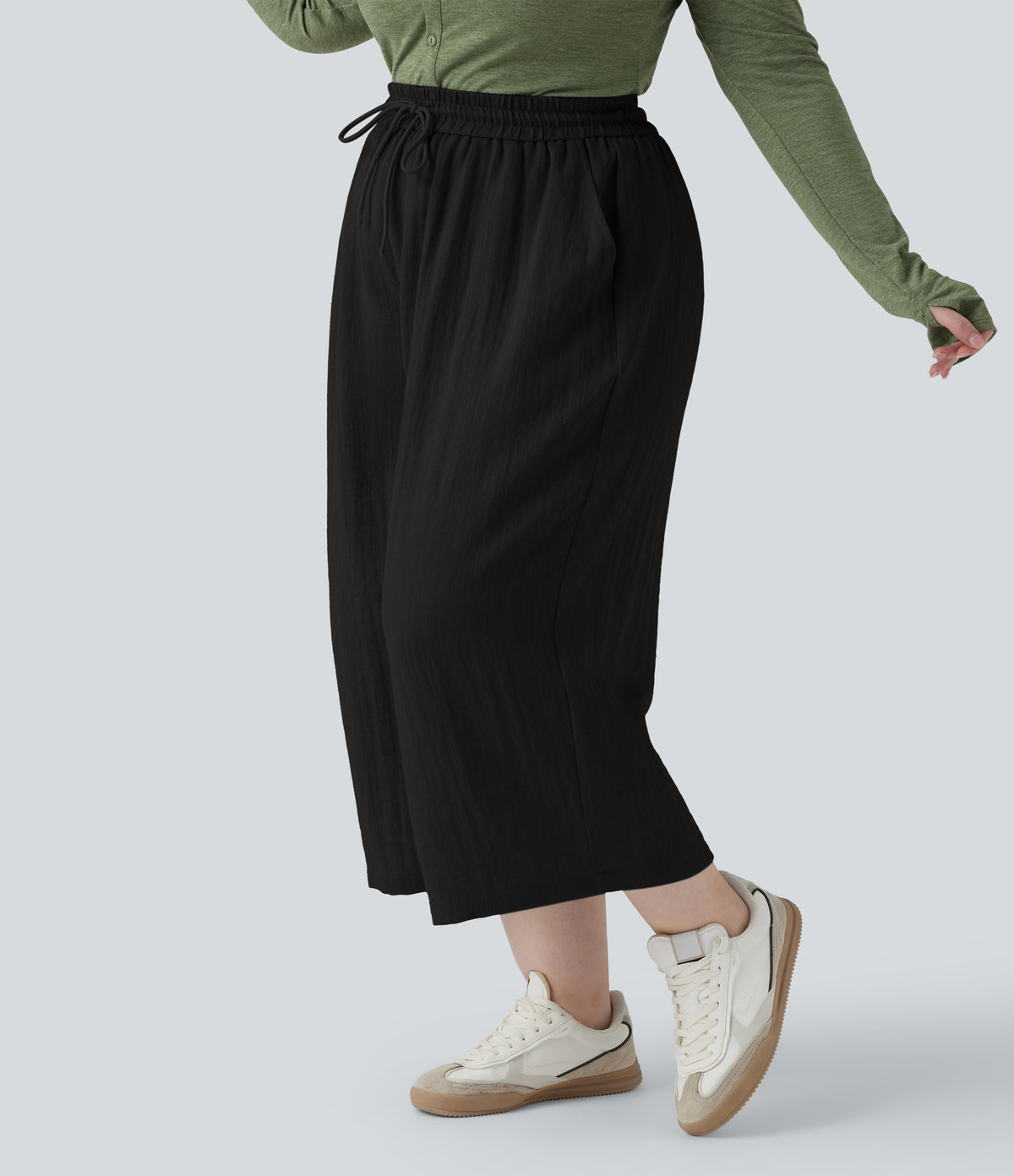 High Waisted Drawstring Wide Leg Cropped Casual Linen-Feel Plus Size Trousers with Pockets — Black — view 3