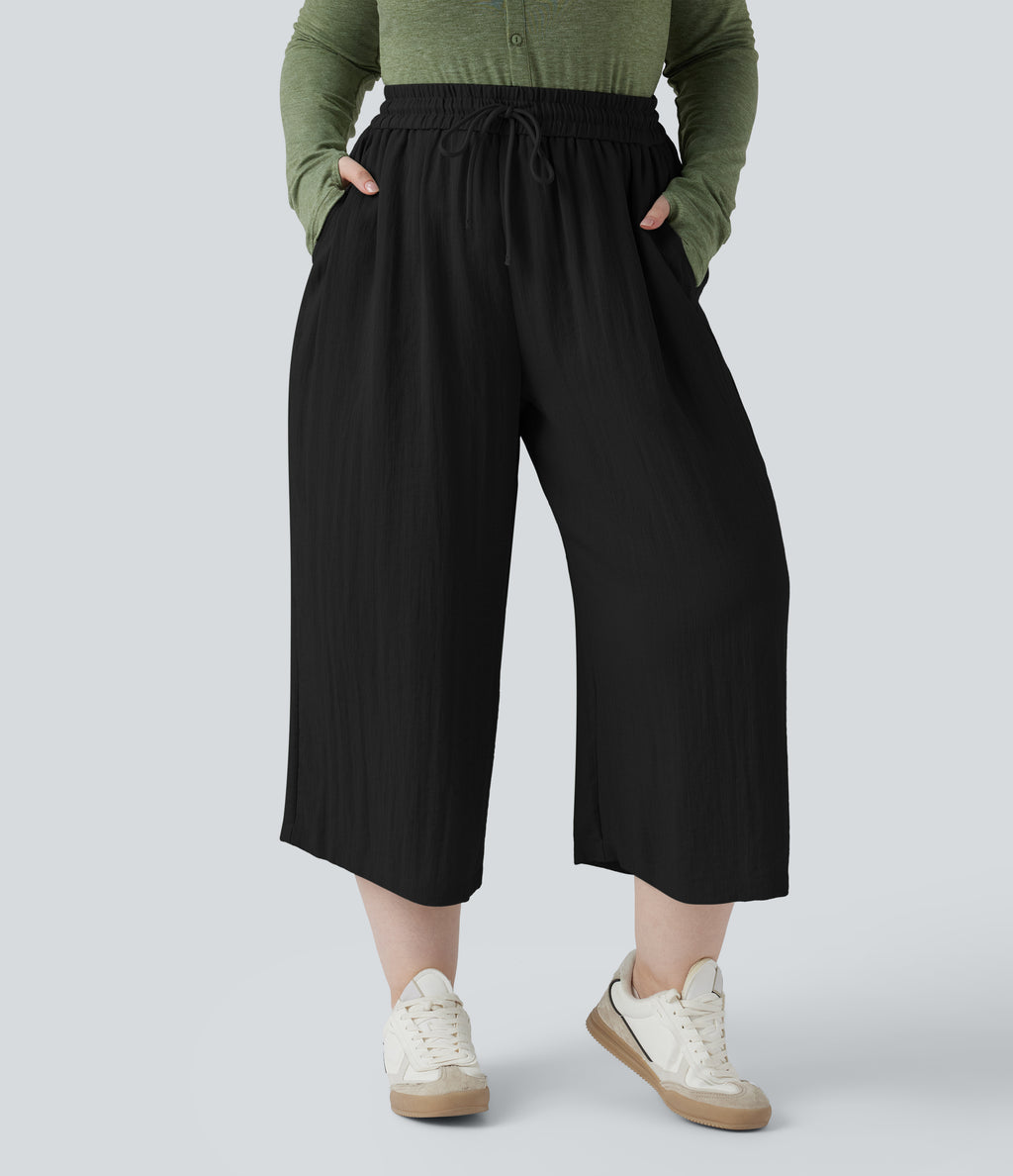 High Waisted Drawstring Wide Leg Cropped Casual Linen-Feel Plus Size Trousers with Pockets — Black — view 1
