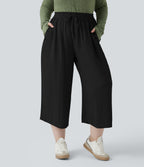 High Waisted Drawstring Wide Leg Cropped Casual Linen-Feel Plus Size Trousers with Pockets — Black — view 1