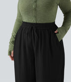 High Waisted Drawstring Wide Leg Cropped Casual Linen-Feel Plus Size Trousers with Pockets — Black — view 4