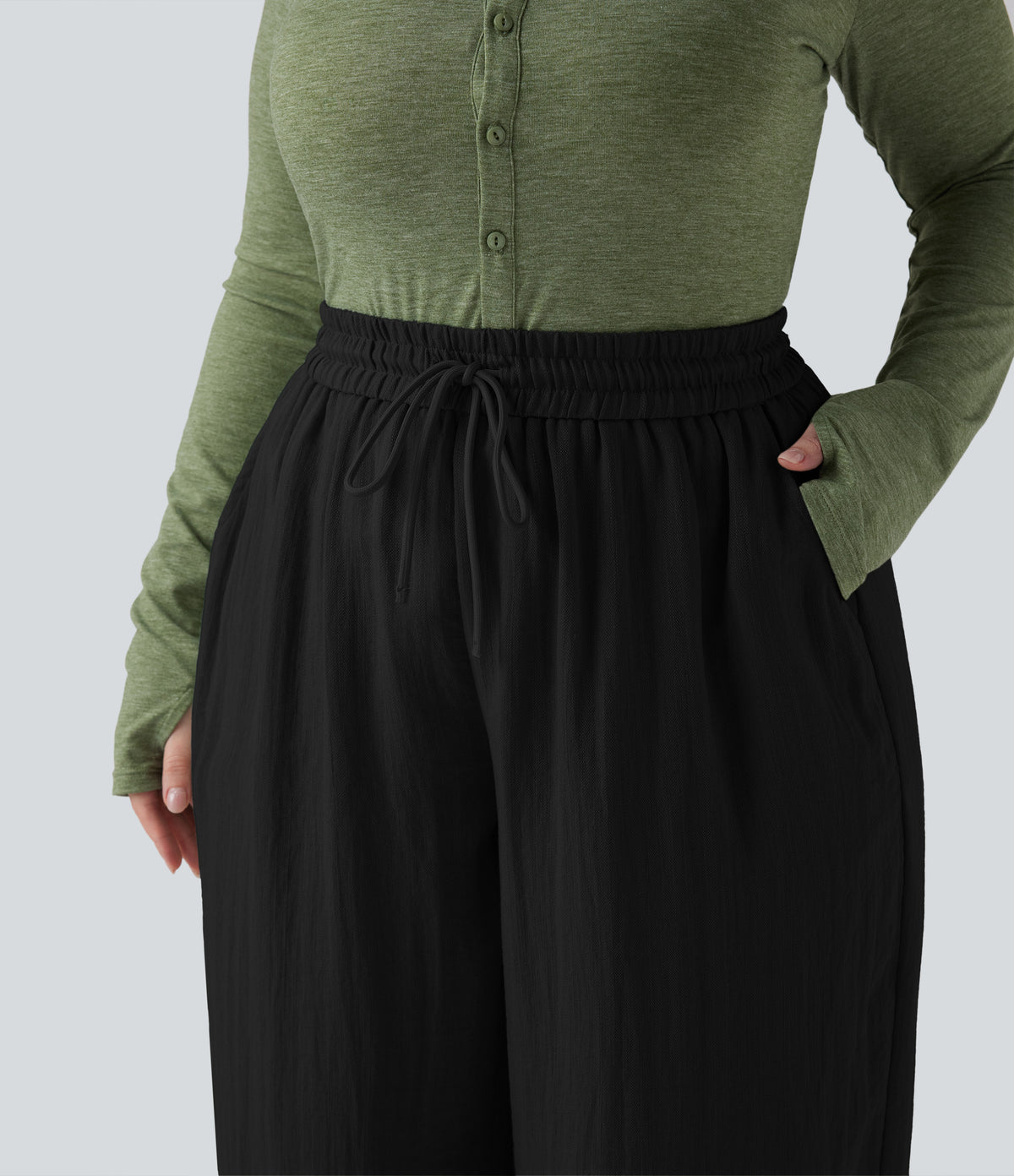High Waisted Drawstring Wide Leg Cropped Casual Linen-Feel Plus Size Trousers with Pockets — Black — view 4