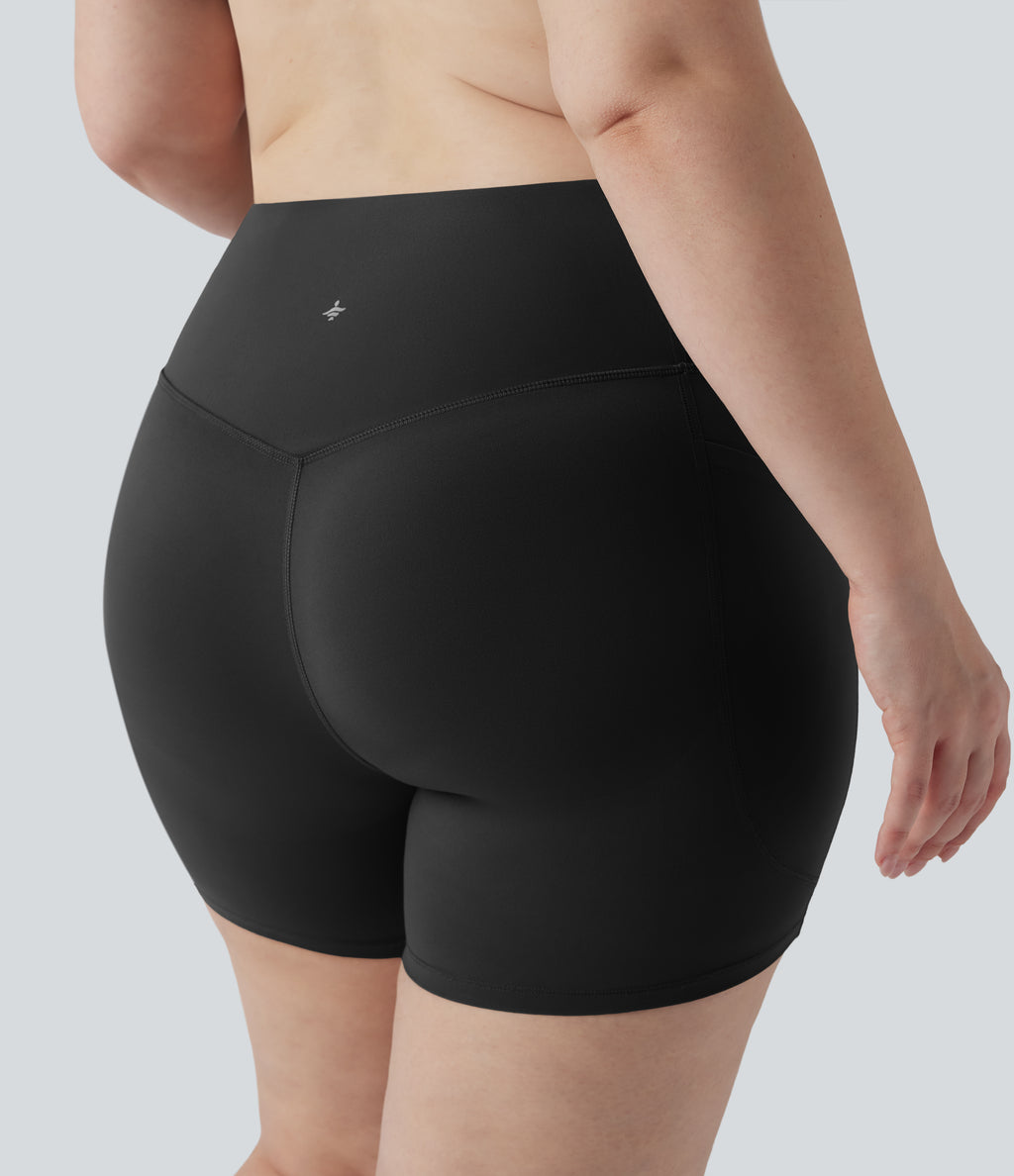 High Waisted Butt Lifting Tummy Control Shaping Training Plus Size Biker Shorts 5'' with Pockets — Black — view 2