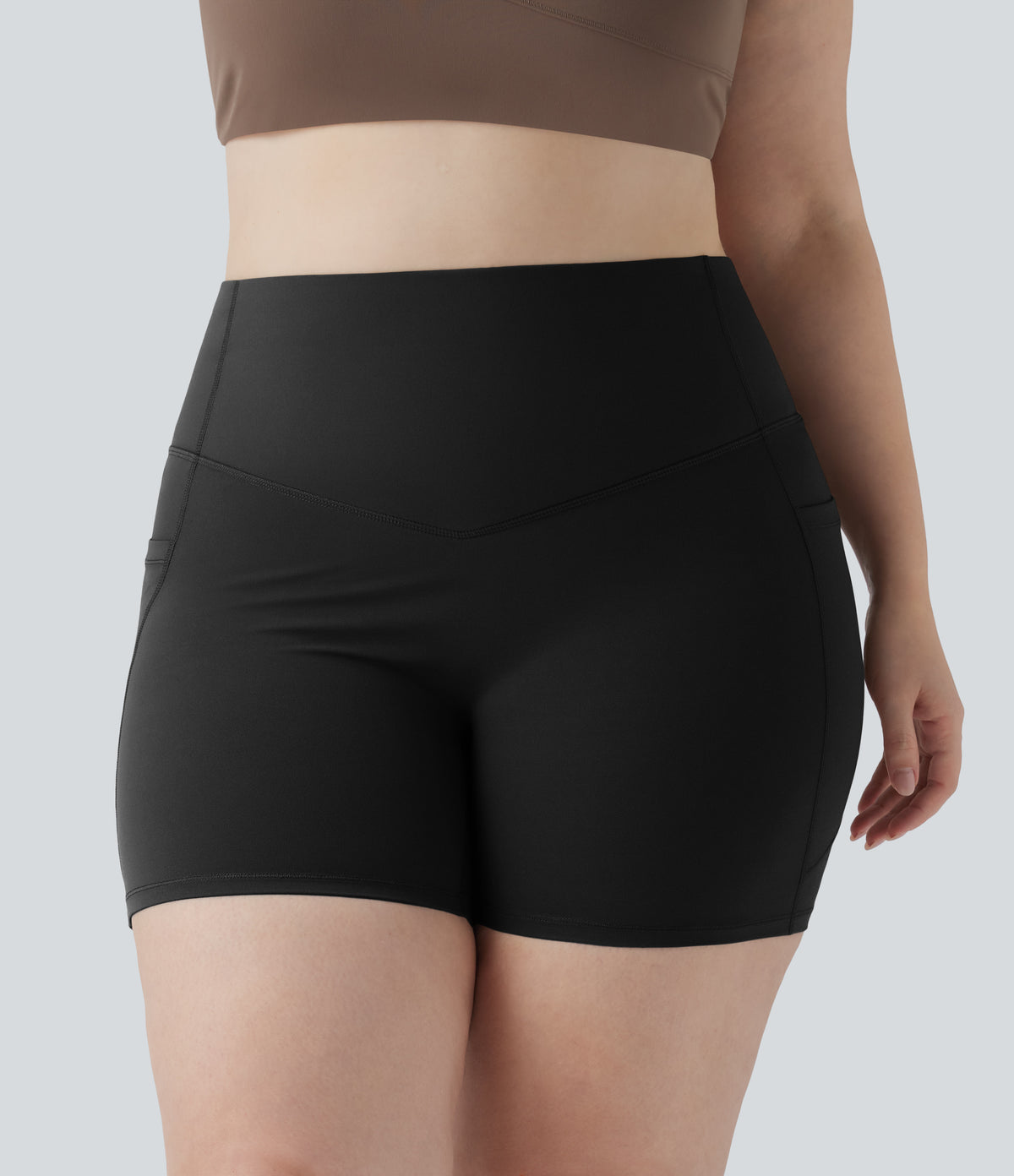 High Waisted Butt Lifting Tummy Control Shaping Training Plus Size Biker Shorts 5'' with Pockets — Black — view 6