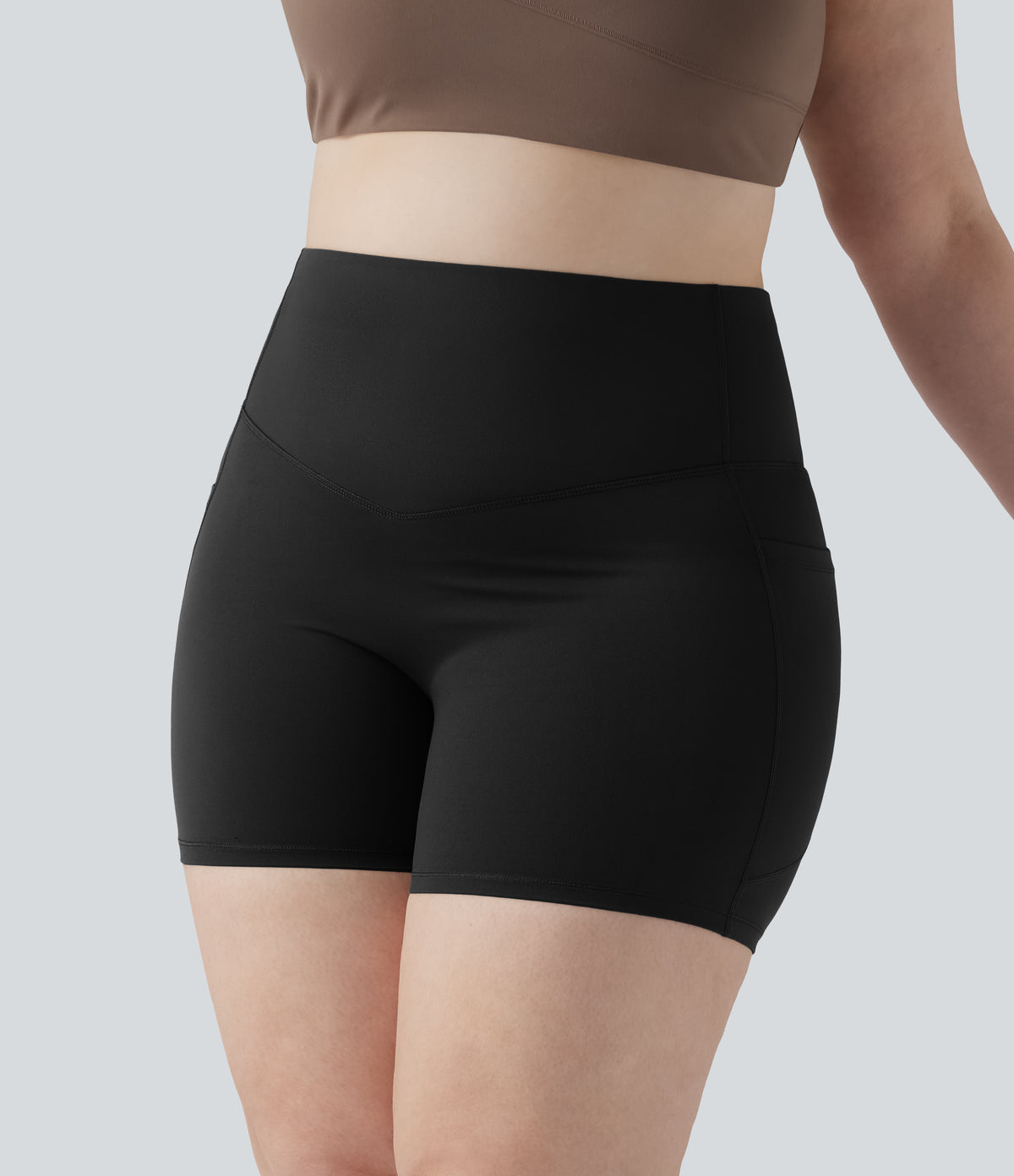 High Waisted Butt Lifting Tummy Control Shaping Training Plus Size Biker Shorts 5'' with Pockets — Black — view 3