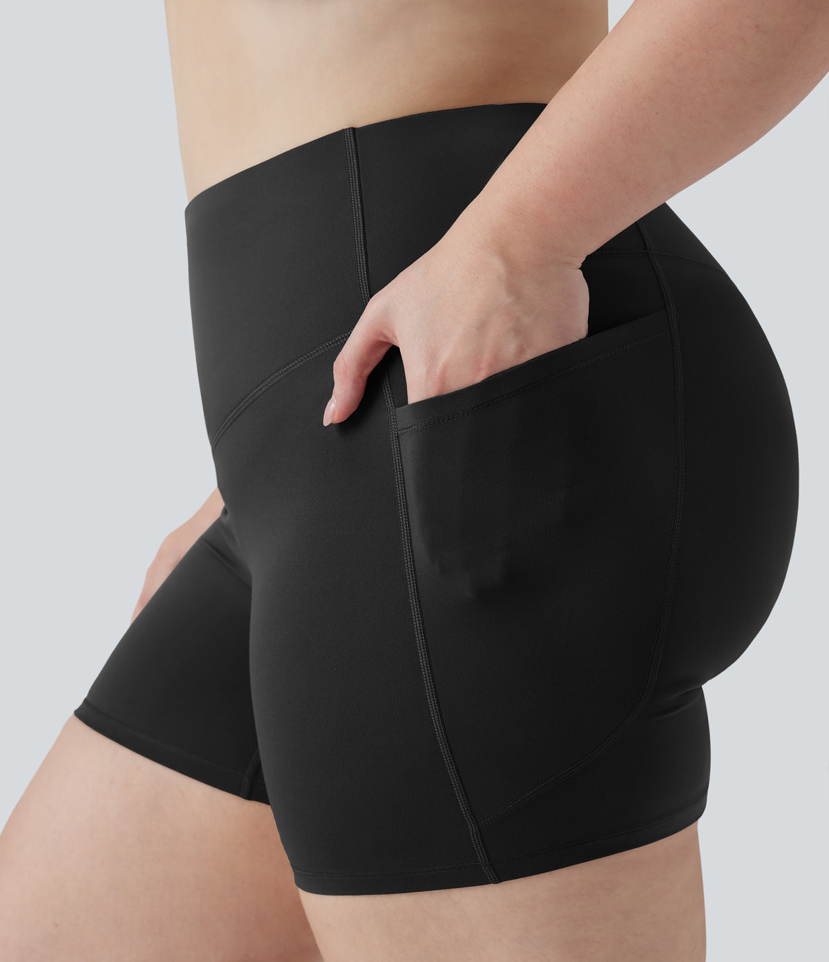 High Waisted Butt Lifting Tummy Control Shaping Training Plus Size Biker Shorts 5'' with Pockets — Black — view 4
