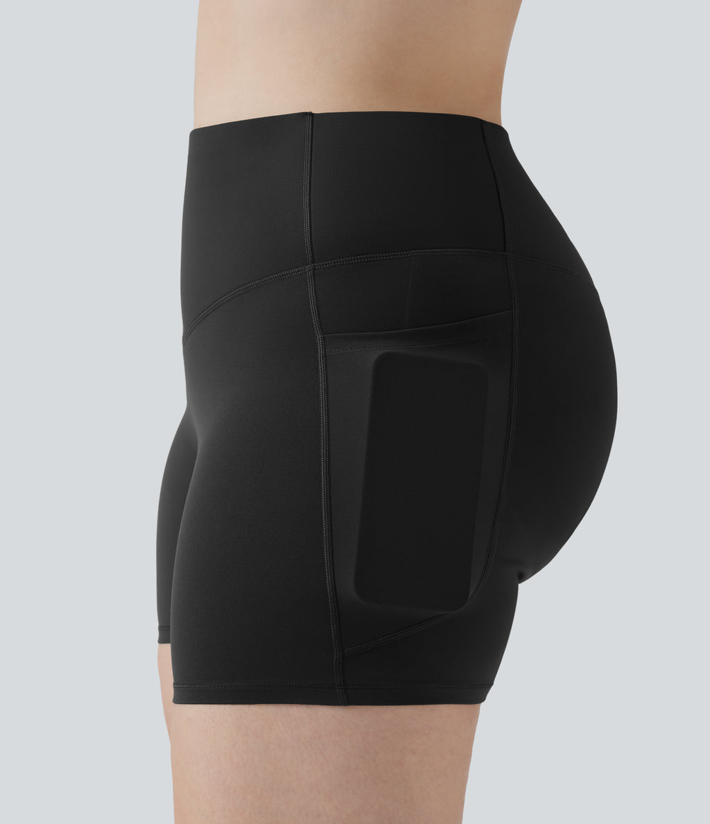 High Waisted Butt Lifting Tummy Control Shaping Training Plus Size Biker Shorts 5'' with Pockets — Black — view 5