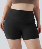 High Waisted Butt Lifting Tummy Control Shaping Training Plus Size Biker Shorts 5'' with Pockets — Black — view 1