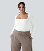 Ribbed Knit Square Neck Long Sleeve Skinny Casual Plus Size Bodysuit — White — view 3