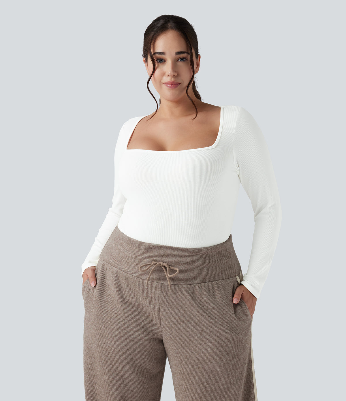 Ribbed Knit Square Neck Long Sleeve Skinny Casual Plus Size Bodysuit — White — view 3