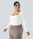 Ribbed Knit Square Neck Long Sleeve Skinny Casual Plus Size Bodysuit — White — view 5