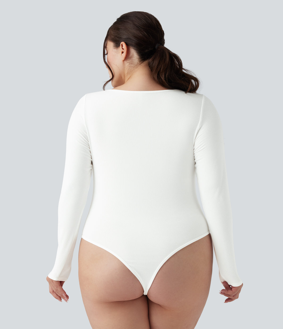 Ribbed Knit Square Neck Long Sleeve Skinny Casual Plus Size Bodysuit — White — view 2