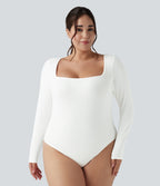 Ribbed Knit Square Neck Long Sleeve Skinny Casual Plus Size Bodysuit — White — view 1
