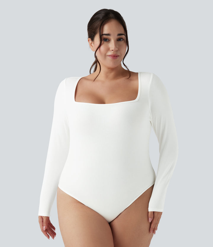 Ribbed Knit Square Neck Long Sleeve Skinny Casual Plus Size Bodysuit — White — view 1