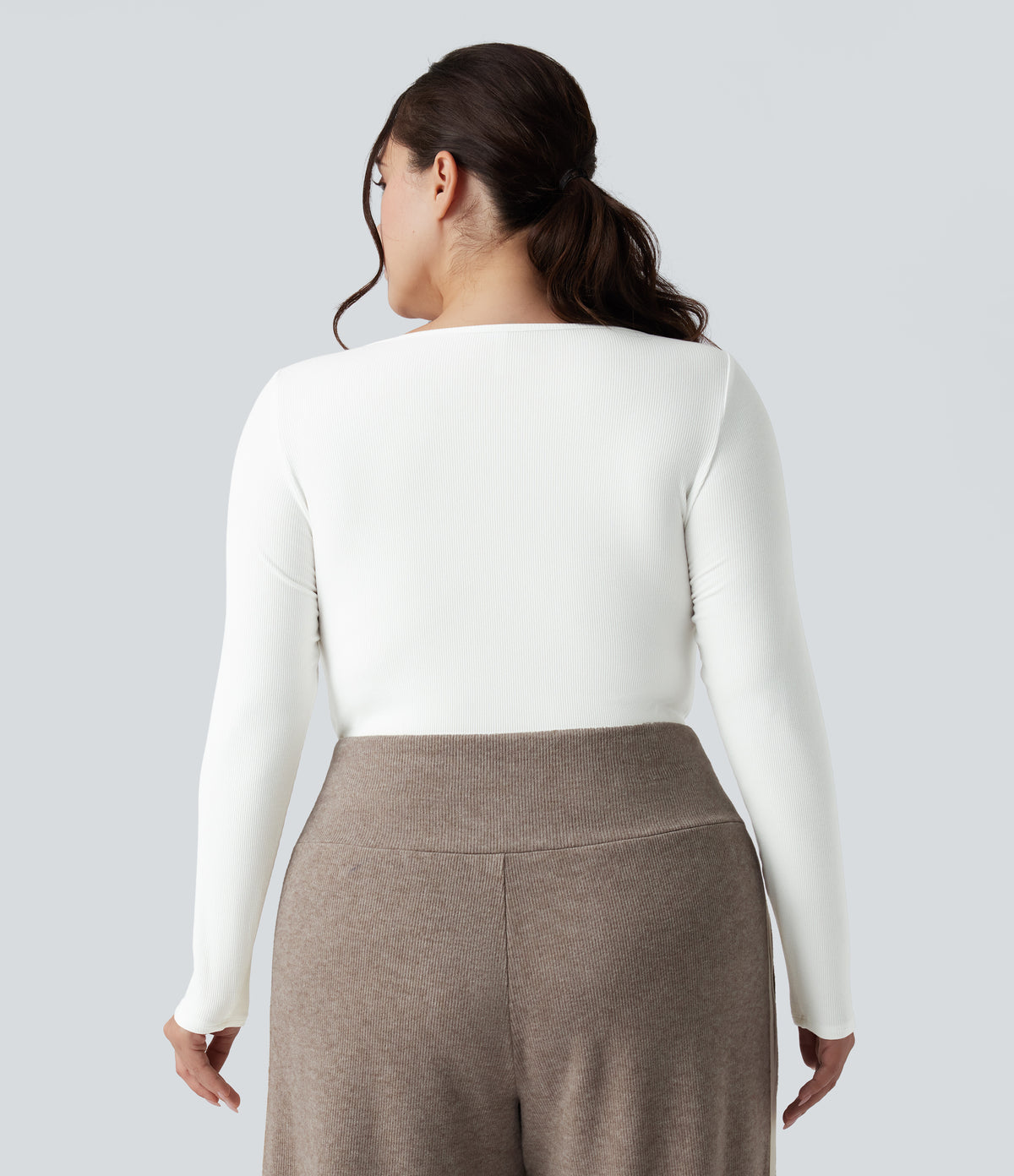 Ribbed Knit Square Neck Long Sleeve Skinny Casual Plus Size Bodysuit — White — view 4