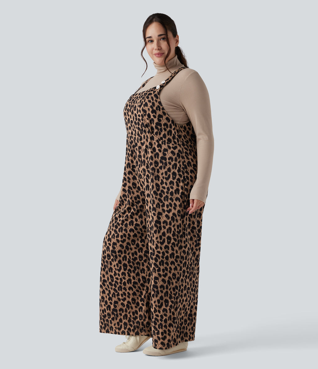 Leopard Print Waffle Casual Plus Size Dungarees with Pockets — Noir Safari — view 3