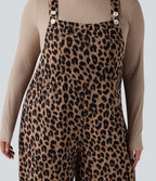 Leopard Print Waffle Casual Plus Size Dungarees with Pockets — Noir Safari — view 4