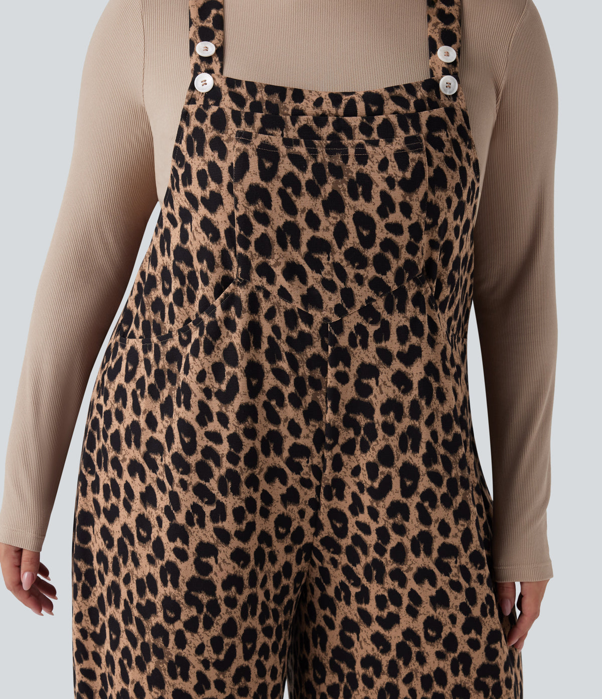 Leopard Print Waffle Casual Plus Size Dungarees with Pockets — Noir Safari — view 4