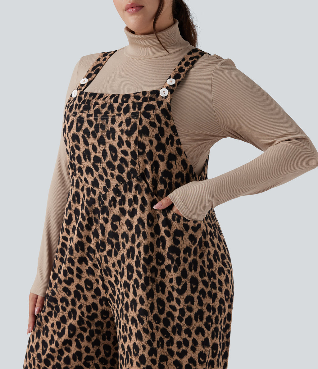 Leopard Print Waffle Casual Plus Size Dungarees with Pockets — Noir Safari — view 5