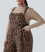 Leopard Print Waffle Casual Plus Size Dungarees with Pockets — Noir Safari — view 5