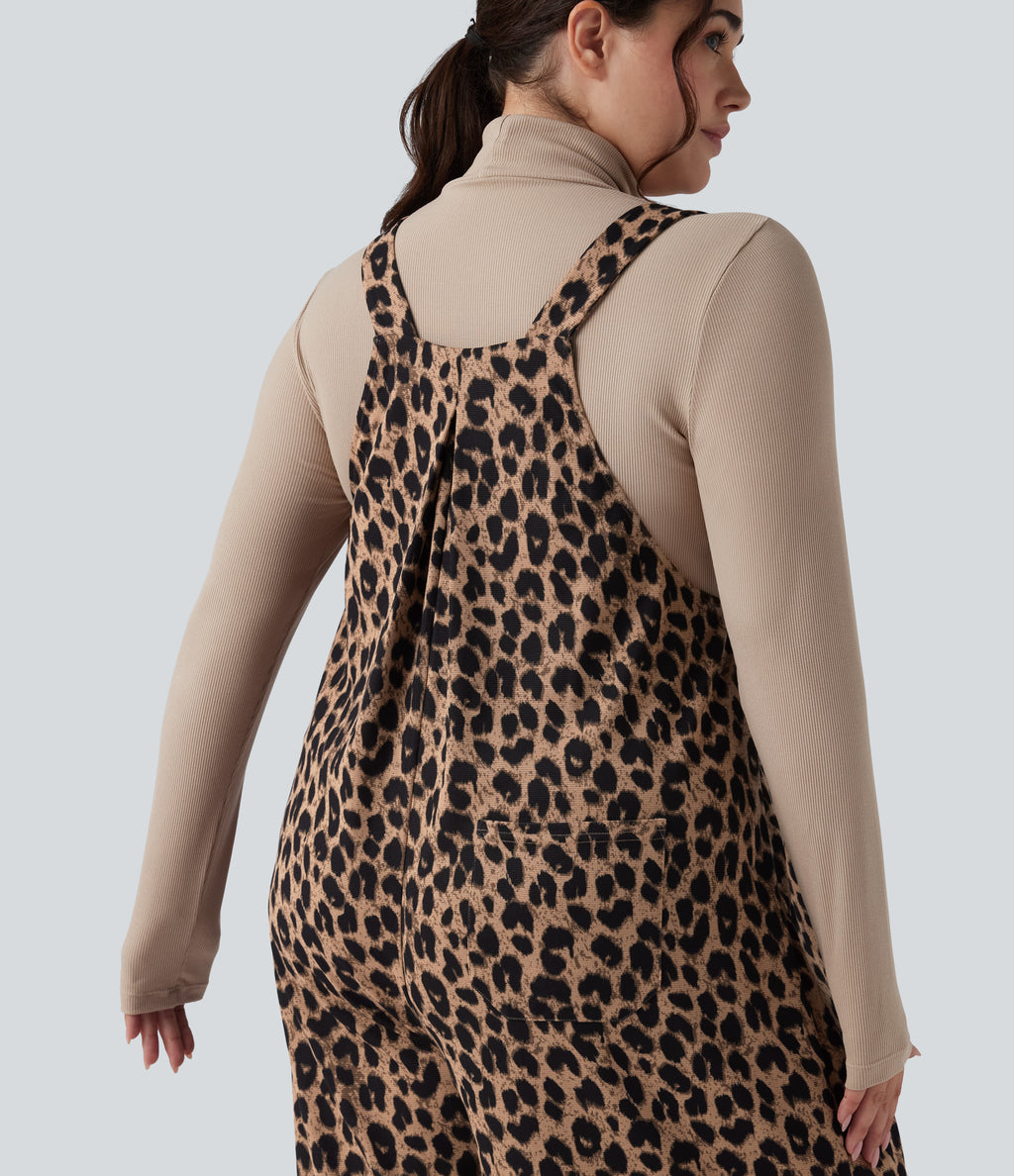 Leopard Print Waffle Casual Plus Size Dungarees with Pockets — Noir Safari — view 6