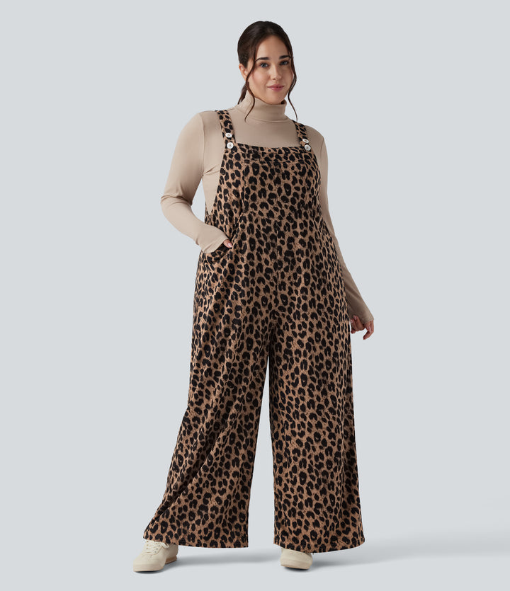 Leopard Print Waffle Casual Plus Size Dungarees with Pockets — Noir Safari — view 1